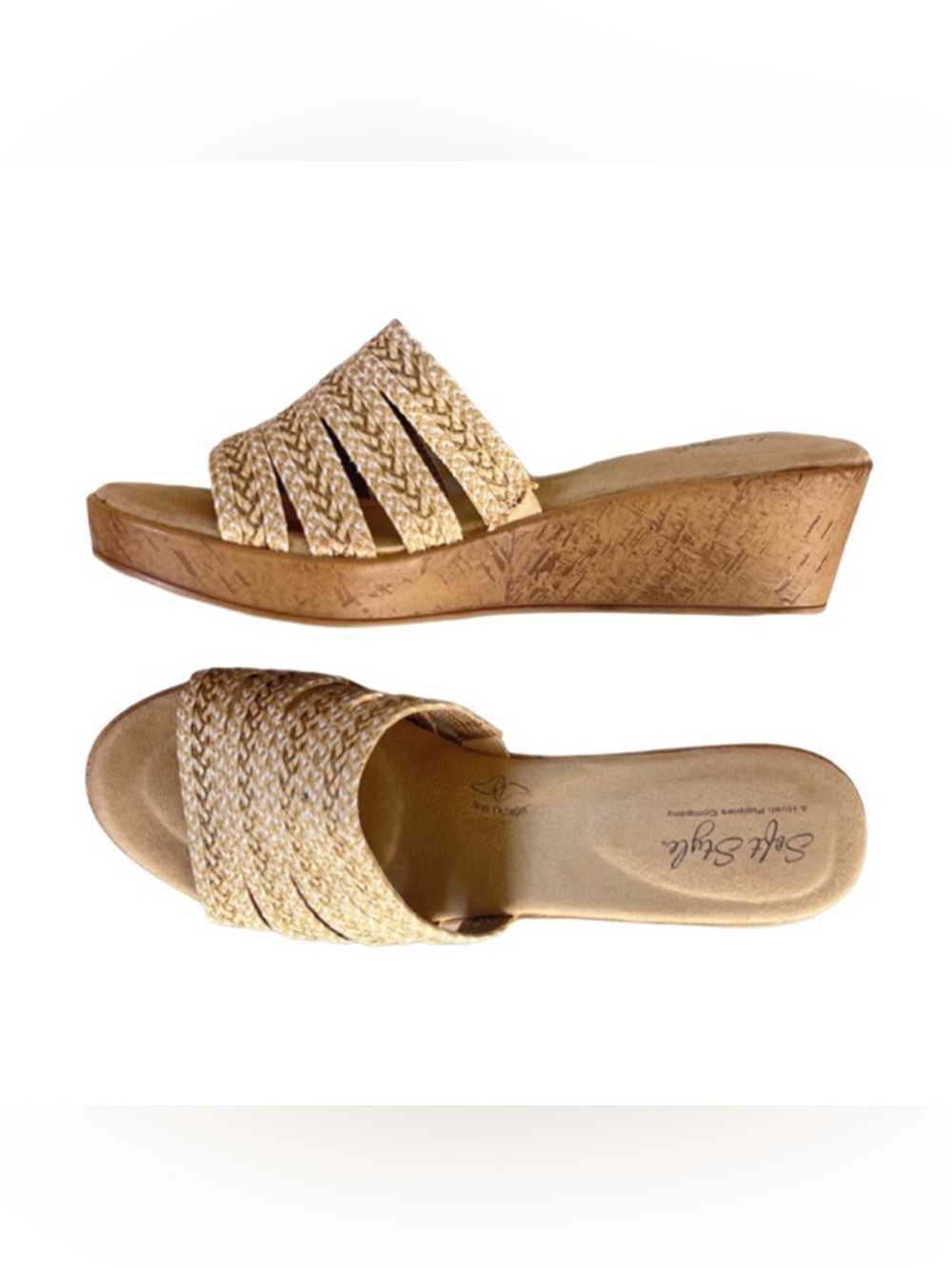 Soft Style Natural Woven Straw Platform Cork Wedge Slides 7.5